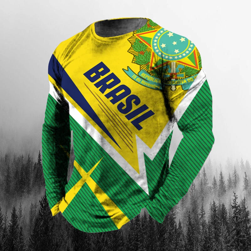 Men'S Fashion T Shirts - Vintage Brazilian Flag 3D Print Autumn